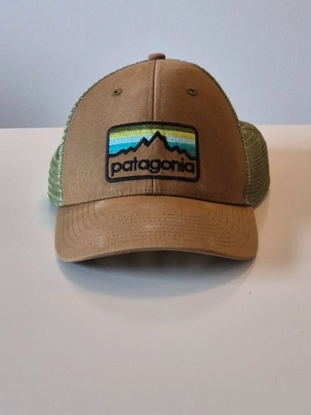 Patagonia Trucker Hat Brown Green Mesh Snapback Embroidered Mountain Logo